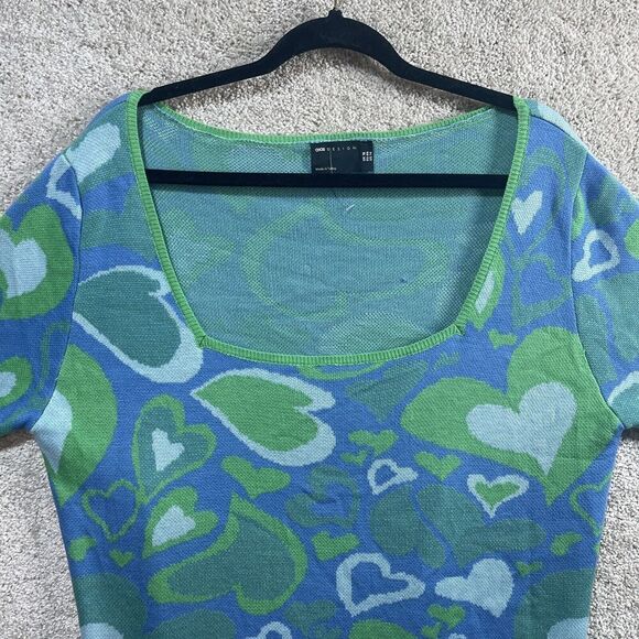 Asos Square Neck Sweater Women's 14 Blue Bold Heart Print Knit Pullover Top - Picture 9 of 13